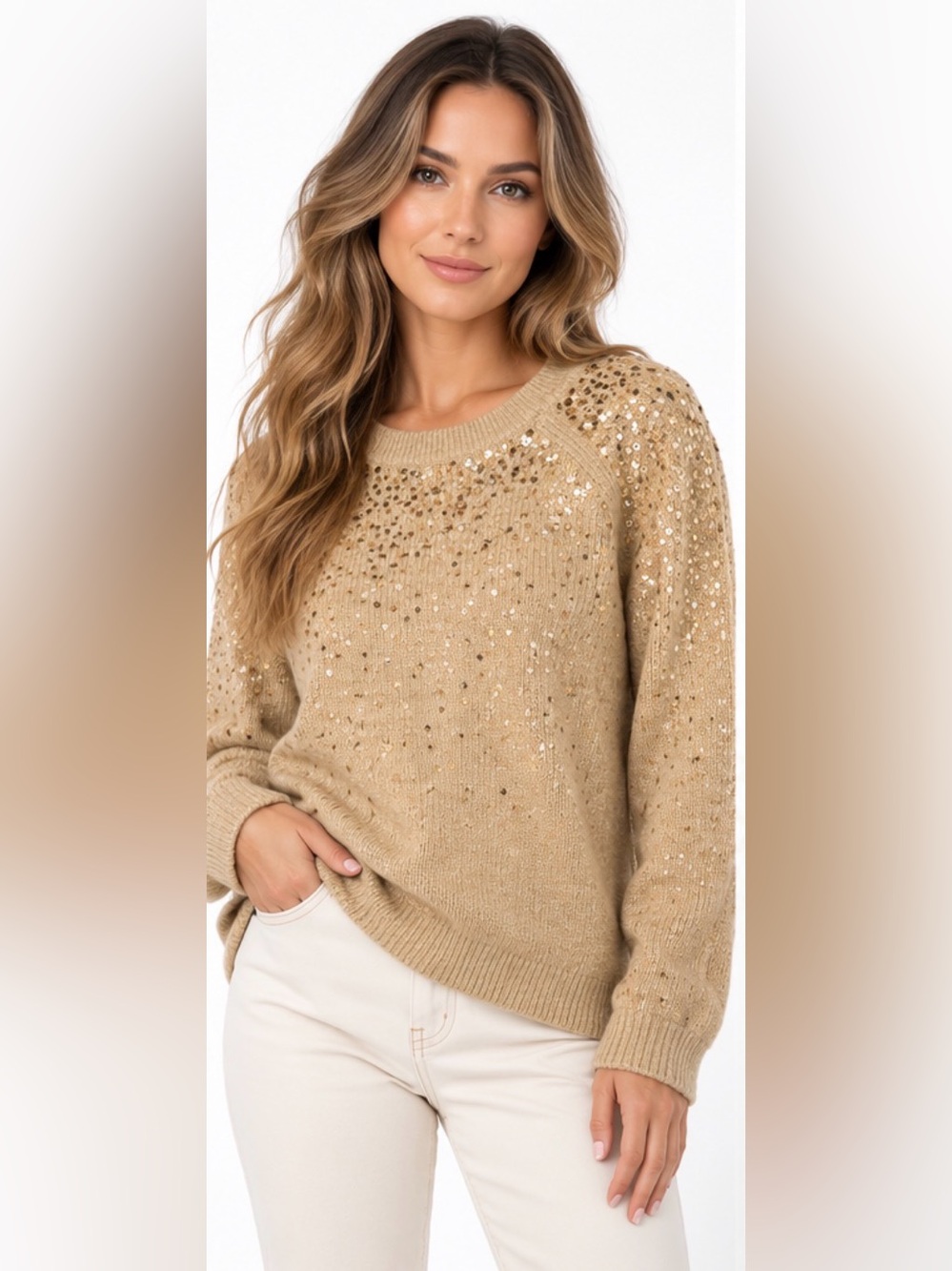 Vince Camuto Gold Sequin Raglan Sweater Tan XXL NWT $69